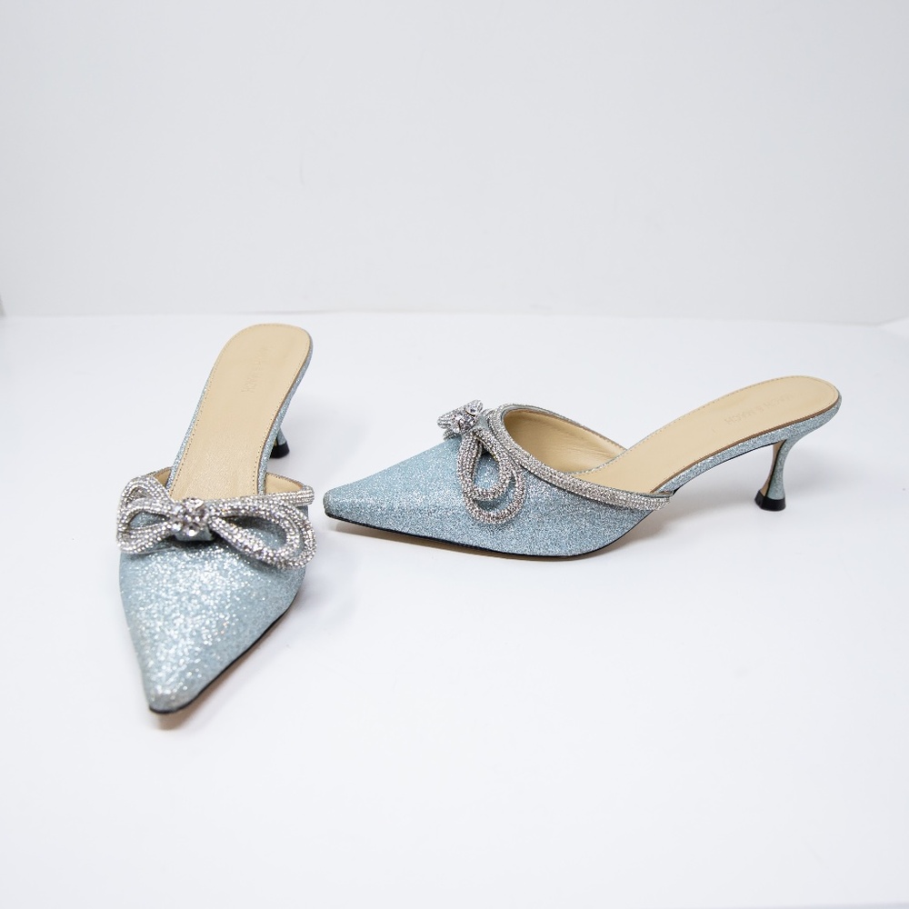 NEW Mach & Mach Double Crystal Jewel Bow Pointed Toe Heels Shoes Blue Silver